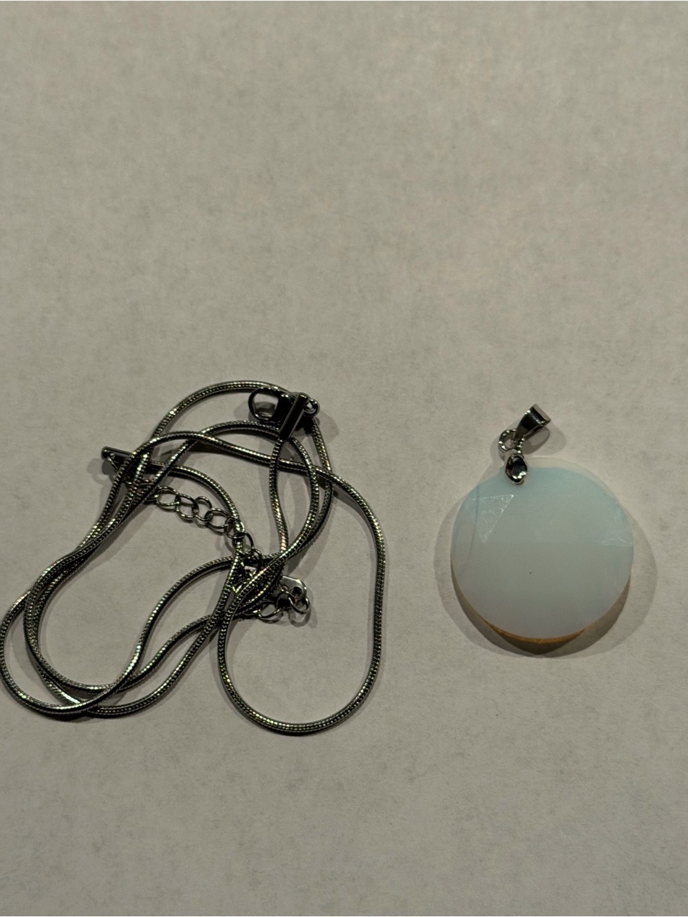 Silver Chain Necklace with White Opalescent Round Pendant